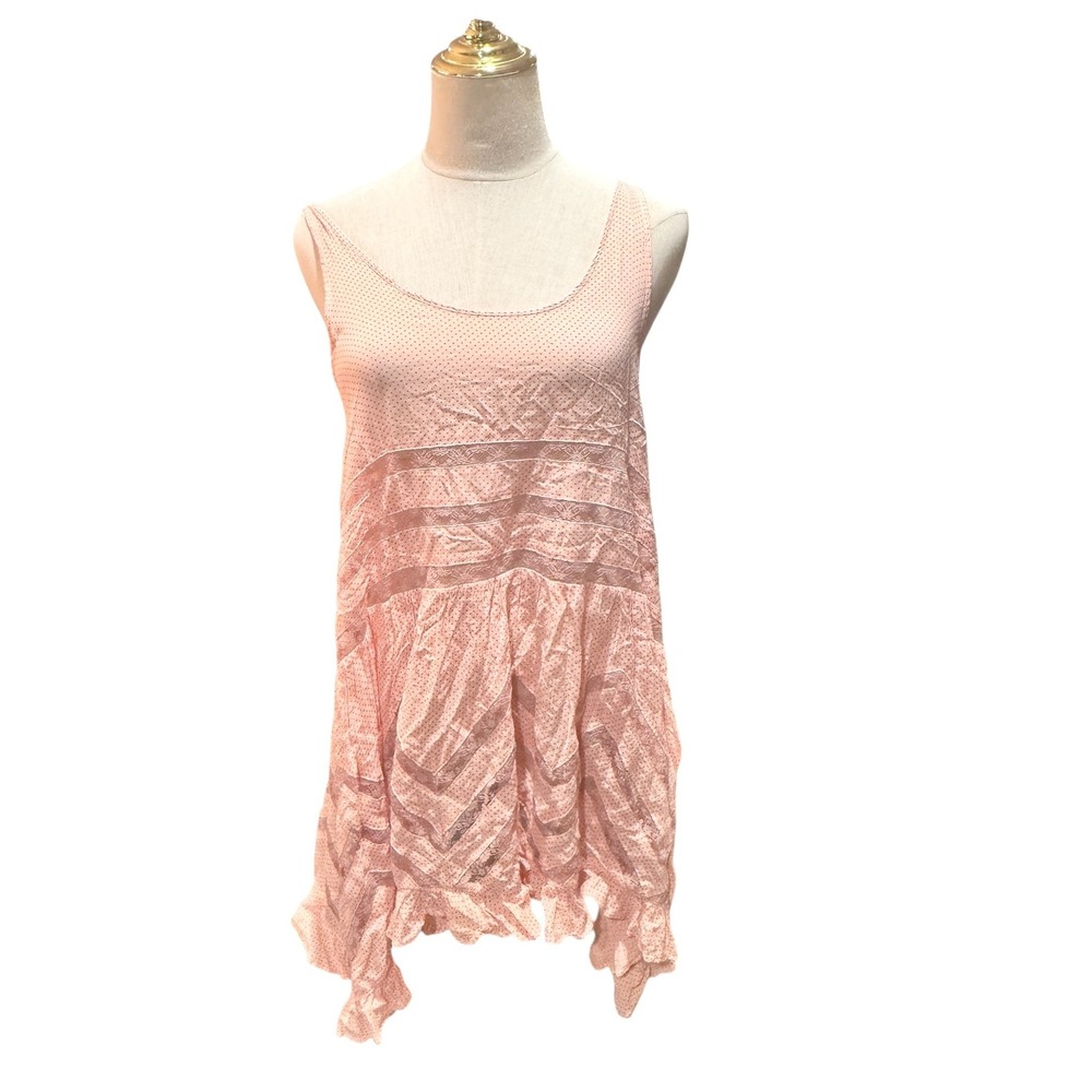 Intimately Free People Pink Polka Dot‎ Lace Trim Gauze Tunic Dress Top Size S